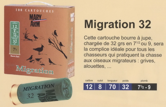 cartouches de chasse Mary Arm, Migration 32