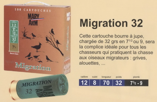 cartouches de chasse Mary Arm, Migration 32 cartouches de chasse Mary Arm, Migration 32